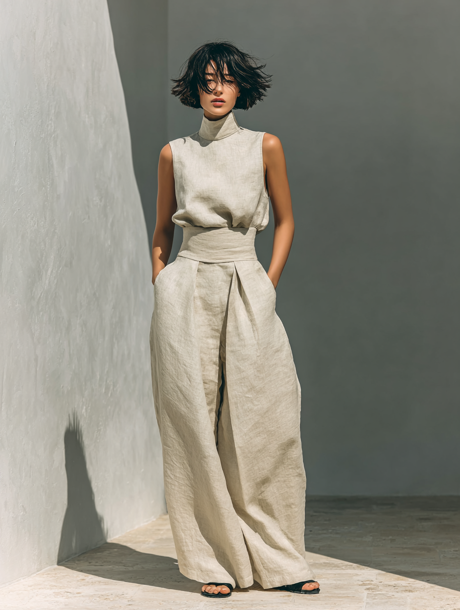 Maria · Conjunto minimalista de top sin mangas y pantalón amplio en algodón y lino