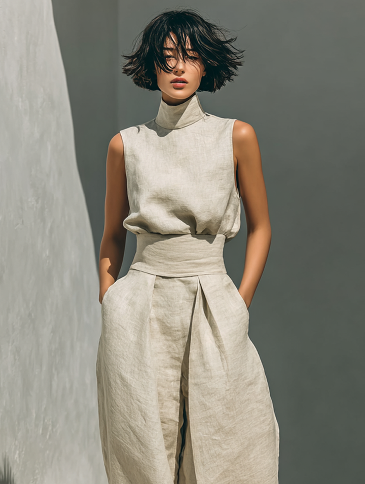Maria · Conjunto minimalista de top sin mangas y pantalón amplio en algodón y lino