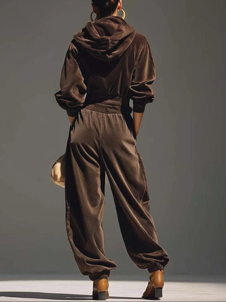 Conjunto de sudadera de terciopelo marrón vintage y pantalones holgados (Incluye cinturón)