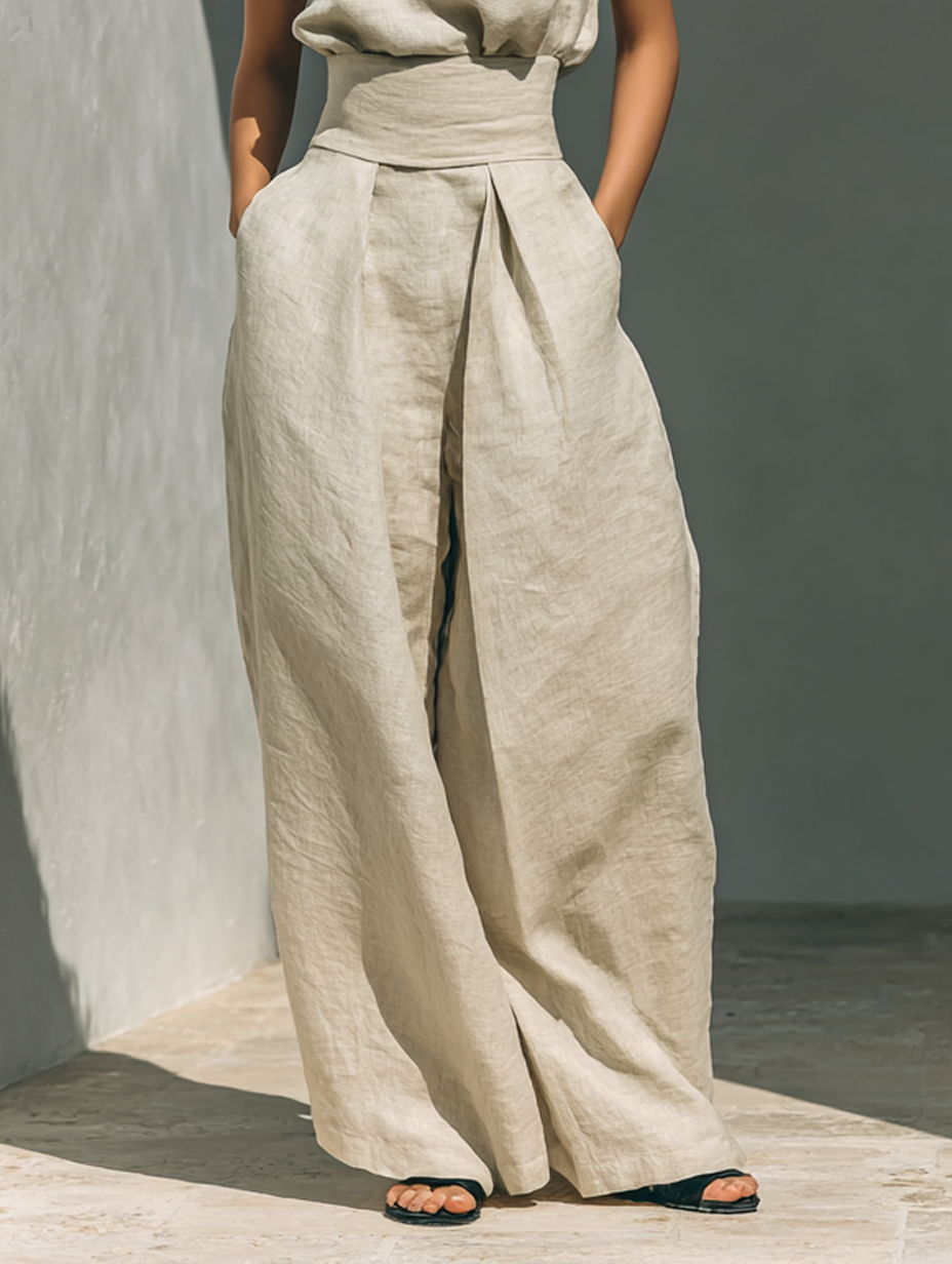 Maria · Conjunto minimalista de top sin mangas y pantalón amplio en algodón y lino