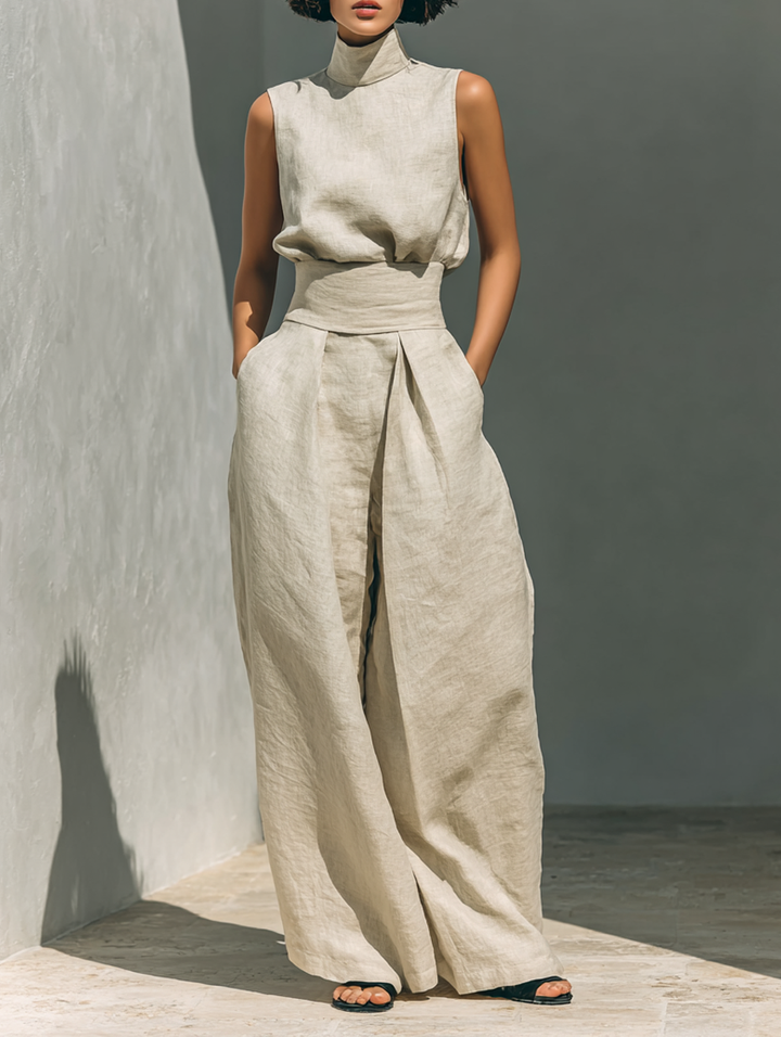 Maria · Conjunto minimalista de top sin mangas y pantalón amplio en algodón y lino