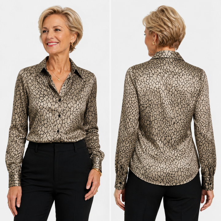 Blusa de Satén con Estampado de Serpiente para Mujer – Elegancia Exótica, Sofisticación Moderna