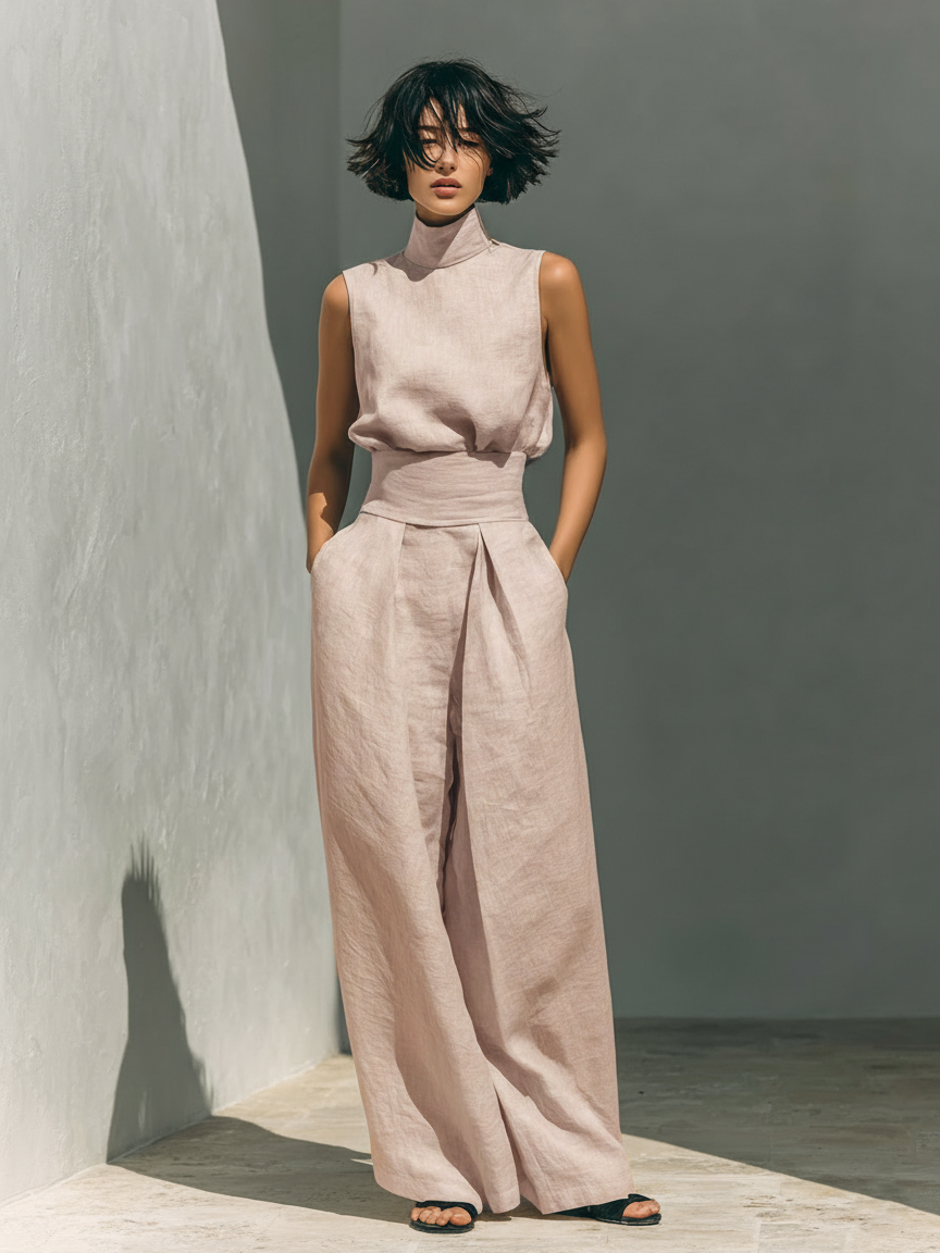Maria · Conjunto minimalista de top sin mangas y pantalón amplio en algodón y lino