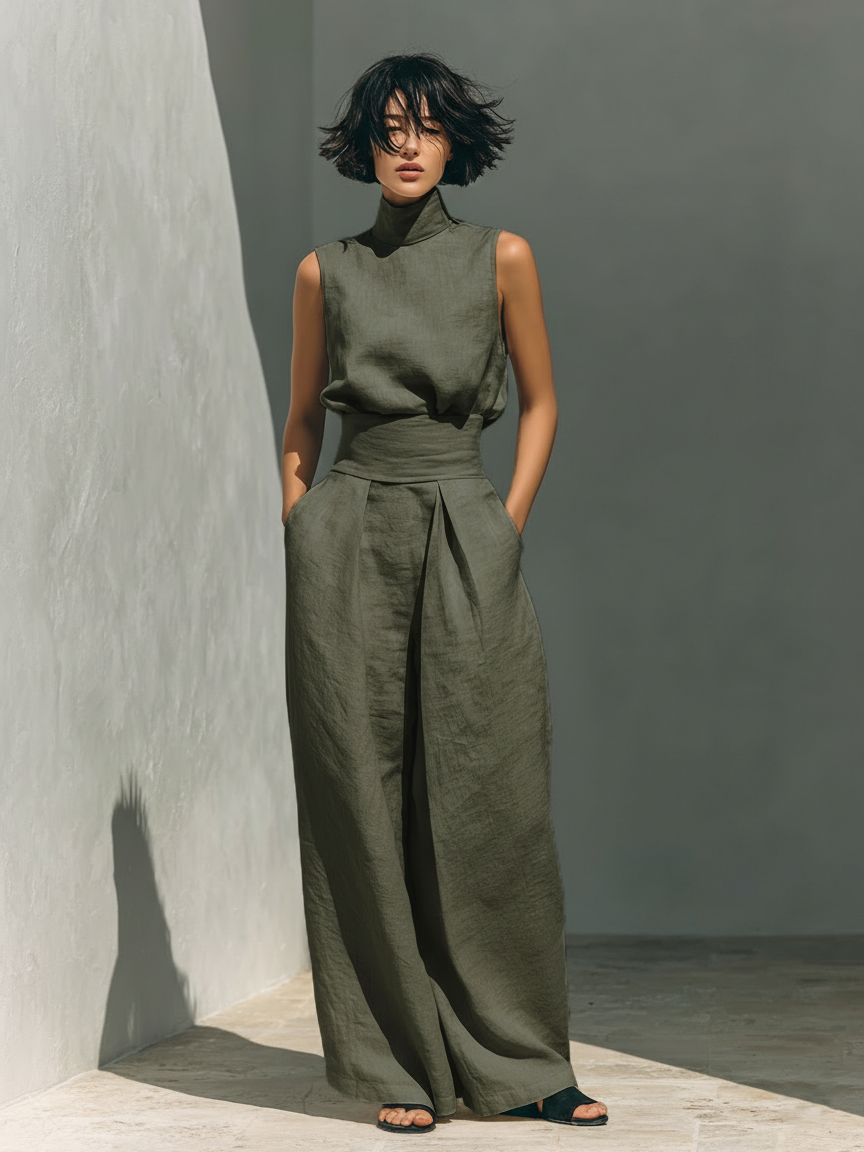 Maria · Conjunto minimalista de top sin mangas y pantalón amplio en algodón y lino