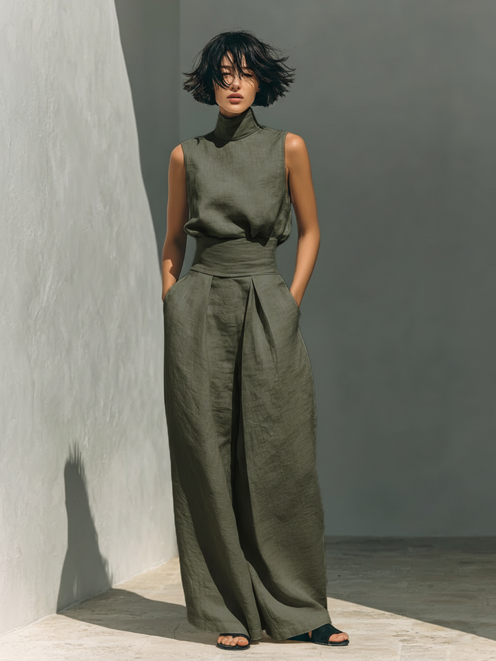 Maria · Conjunto minimalista de top sin mangas y pantalón amplio en algodón y lino