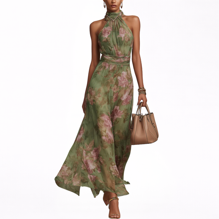Livia | Vestido Maxi Halter Floral Elegante