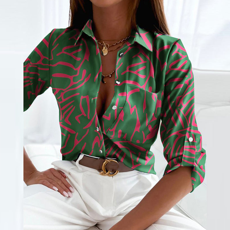 Blusa de Satén con Estampado Gráfico y Cuello de Solapa para Mujer