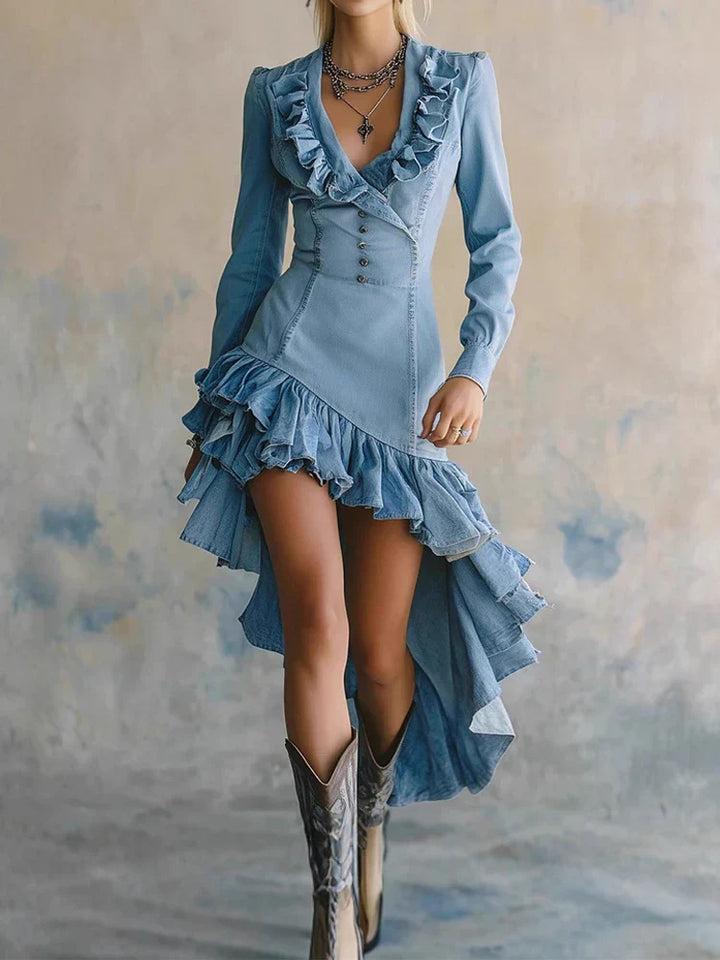 Lorena · Vestido largo con volantes y escote en V