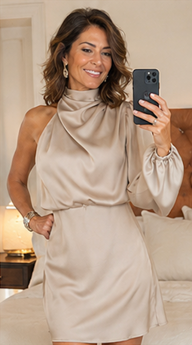 MADDIE – Elegante vestido de noche satinado con un solo hombro para mujer