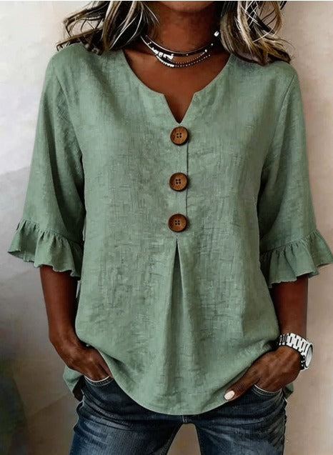 Blusa Sophia de algodón-lino con botones de madera y volantes