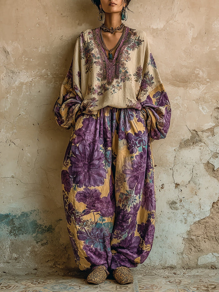 Conjunto de Top Suelto con Escote en V y Pantalones de Pierna Ancha con Estampado Floral Bohemio