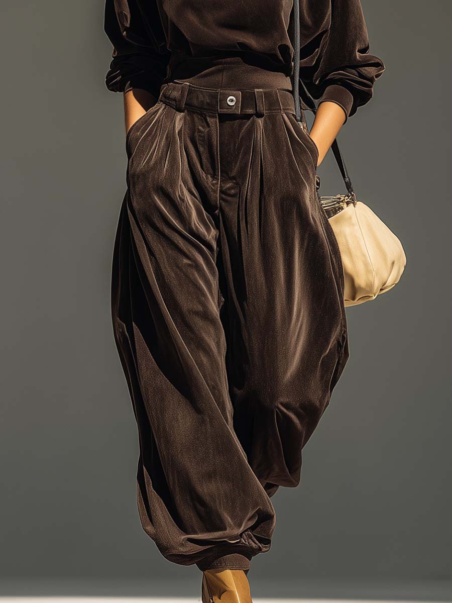 Conjunto de sudadera de terciopelo marrón vintage y pantalones holgados (Incluye cinturón)