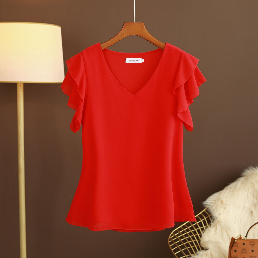 Blusa para mujer de gasa ligera con mangas de volantes escote en pico - Elvira