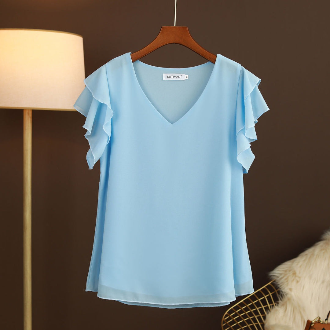 Blusa para mujer de gasa ligera con mangas de volantes escote en pico - Elvira