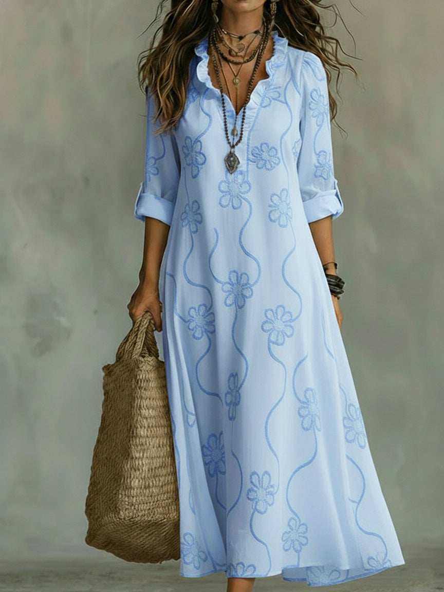 Lilou | Vestido retro de corte trapezoidal con flores y cuello con volantes