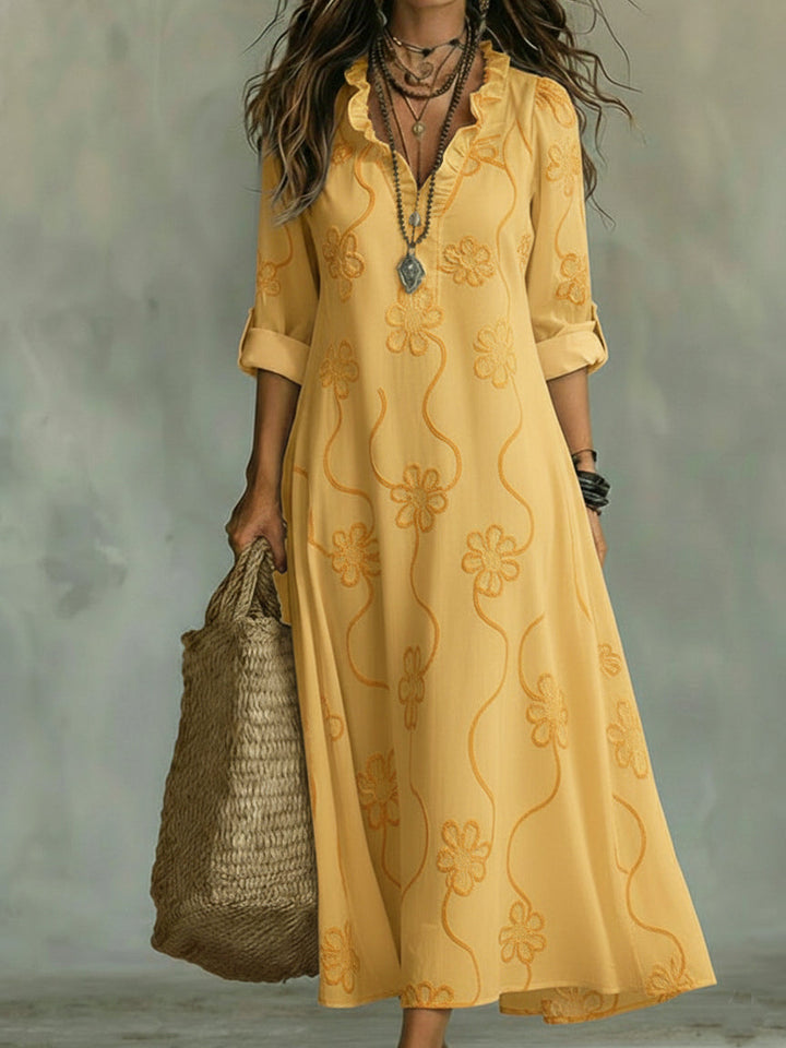 Lilou | Vestido retro de corte trapezoidal con flores y cuello con volantes