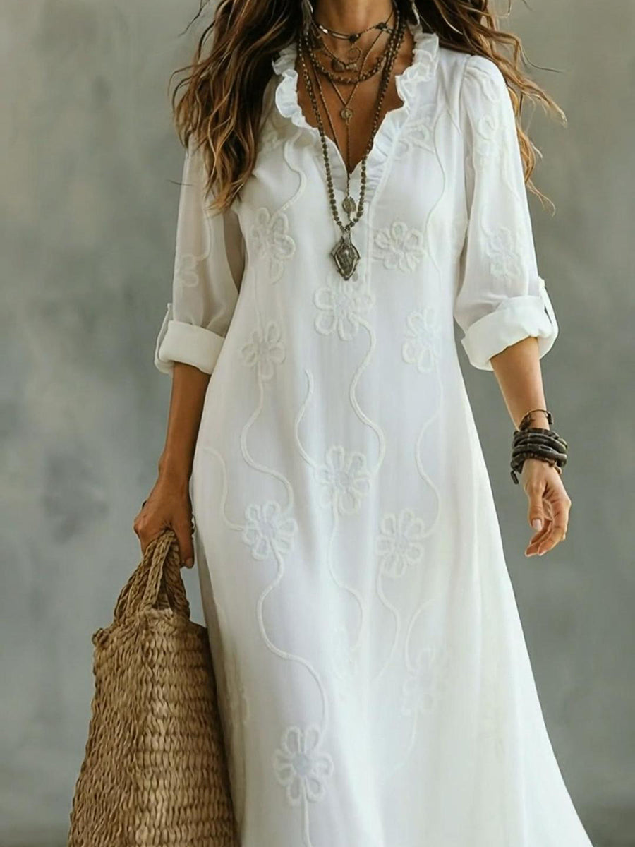 Lilou | Vestido retro de corte trapezoidal con flores y cuello con volantes