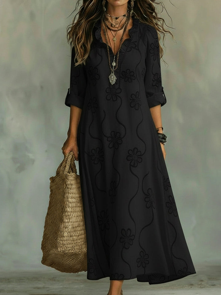 Lilou | Vestido retro de corte trapezoidal con flores y cuello con volantes