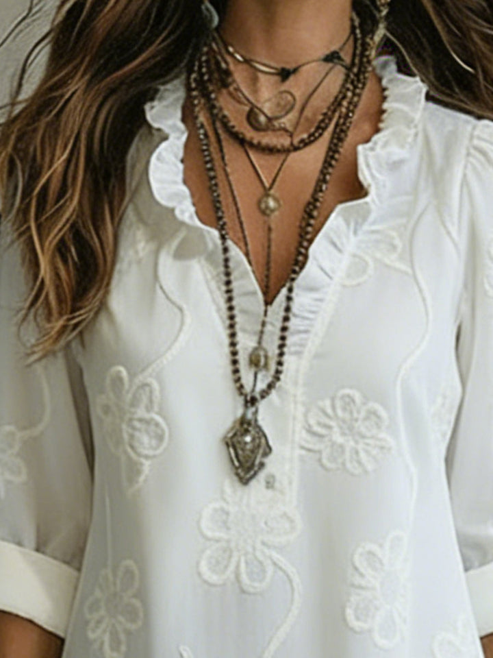 Lilou | Vestido retro de corte trapezoidal con flores y cuello con volantes