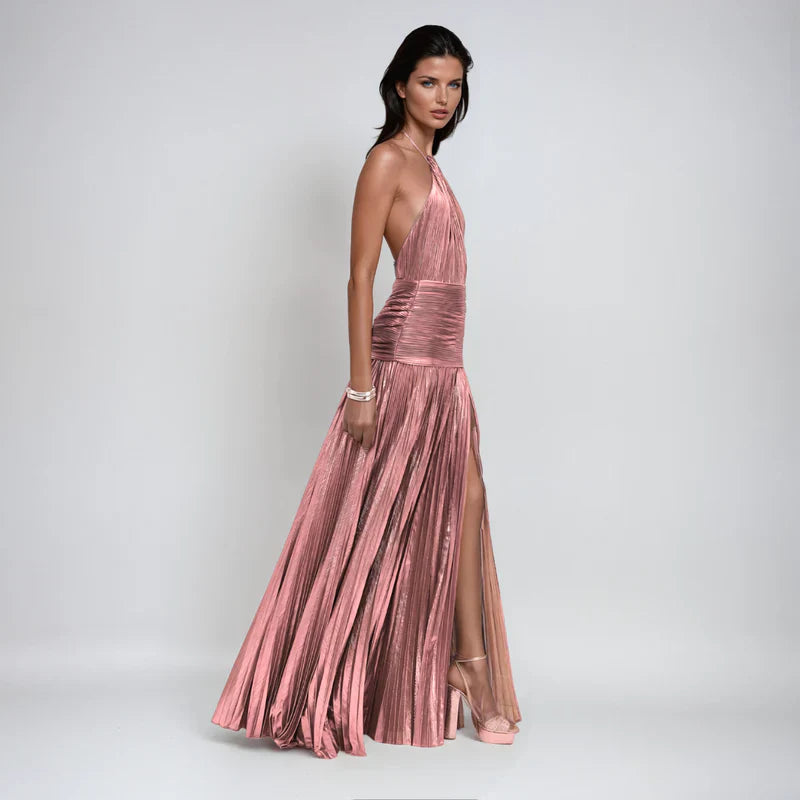 Emma | Vestido Halter Abierto en la Espalda Metálico