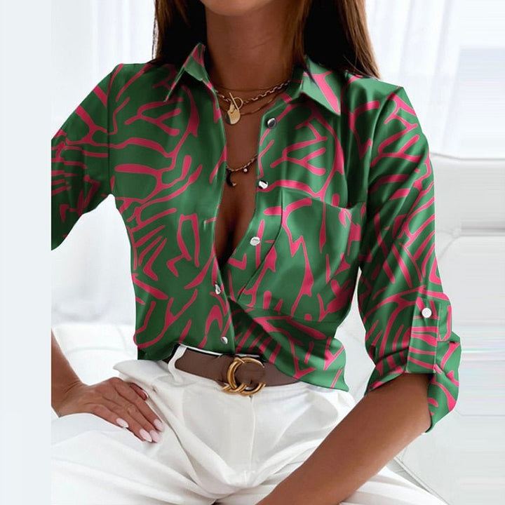 Blusa de Satén con Estampado Gráfico y Cuello de Solapa para Mujer