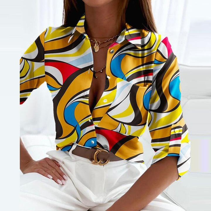 Blusa de Satén con Estampado Gráfico y Cuello de Solapa para Mujer