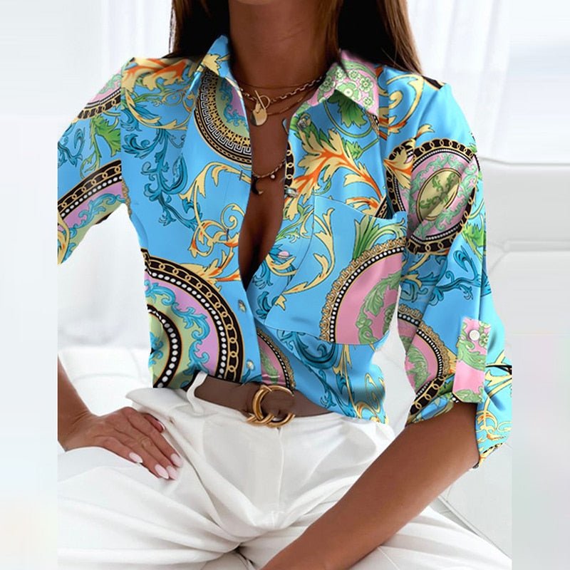 Blusa de Satén con Estampado Gráfico y Cuello de Solapa para Mujer