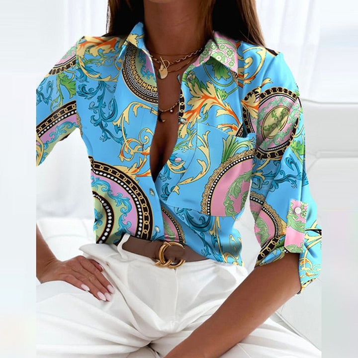 Blusa de Satén con Estampado Gráfico y Cuello de Solapa para Mujer